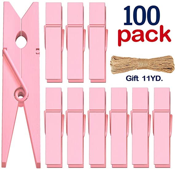 Clothes Pins Mini Clothespins Pink - 100 PCS Wooden Small Clothespins for Pictures with Jute Twine Tiny Photo Paper Clip, Ideal for Baby Shower, Crafts, Chip Clips, Home Office Decoration