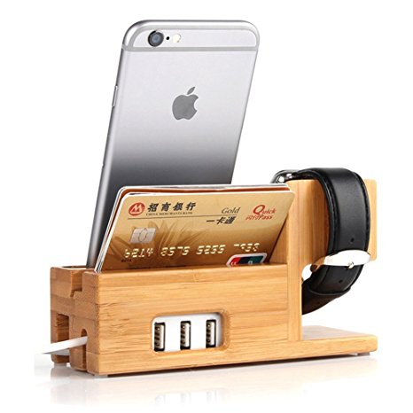 Apple Watch Stand,Phone Stand,Ptuna Bamboo Wood Charging for iPhone,Smart Phone,Apple Watch With 3 Ports USB HUB