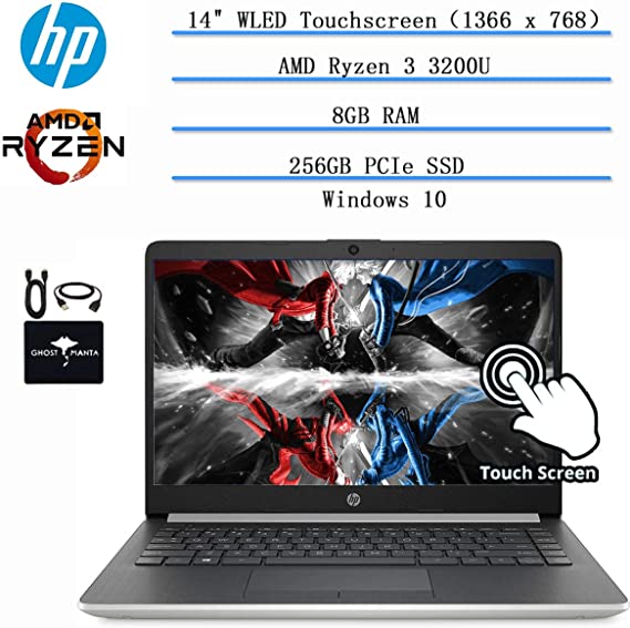 HP 14" Touchscreen Laptop Computer(1366 x 768) , AMD Ryzen 3 3200U up to 3.5GHz (Beat i5-7200U), 8GB RAM DDR4, 256GB PCIe SSD, 802.11AC WiFi, USB Type-C, Windows 10, w/Ghost Manta Accessories