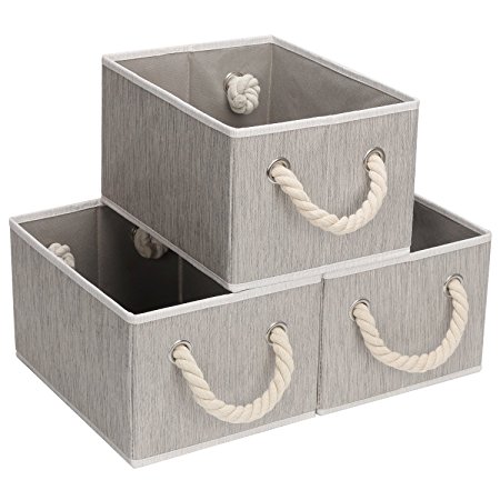 StorageWorks Polyester Storage Box with Strong Cotton Rope Handle, Foldable Basket Organizer Bin, Gray, Bamboo Style, Medium, 3-Pack