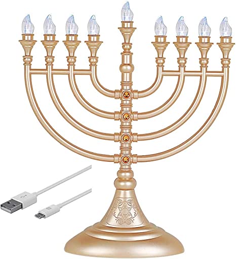 Aviv Judaica Traditional LED Electric Hanukkah Menorah - Battery or USB Powered - Includes a Micro USB 5' Cable