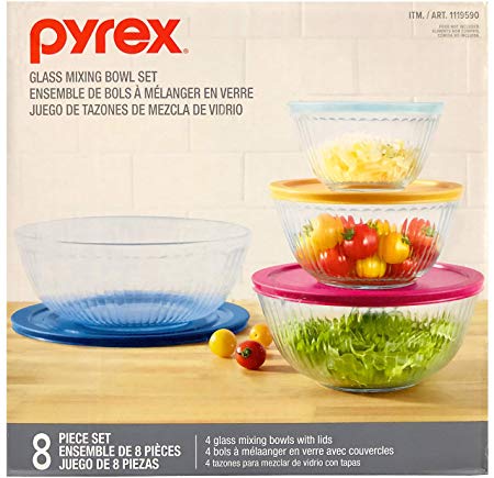 Pyrex 8 Piece Glass Mixing Bowl Set - 4 Glass Mixing Bowls and 4 Lids