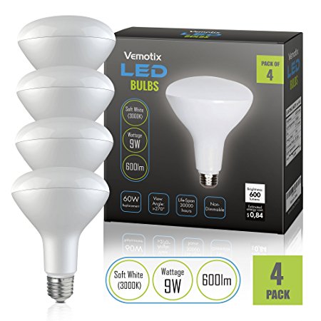 LED Light Bulb BR30 - Soft White 3000K - 9W Bulbs - 60 Watt Equivalent (Pack of 4)