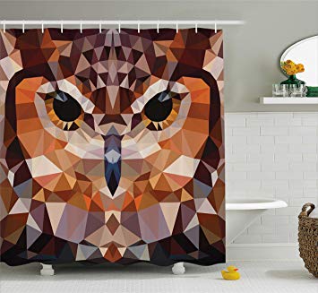 Ambesonne Geometric Decor Shower Curtain Set, Mosaic Owl Head in Linked Triangle Forms Retro Style Funky Geometric Art Boho Decor, Bathroom Accessories, 69W X 70L Inches, Brown Orange