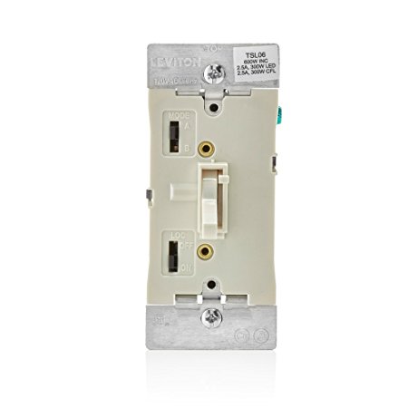 Leviton TSL06-1LT Toggle Slide Universal Dimmer, 300W Dimmable LED & CFL, 600W Incandescent & Halogen For Single Pole Or 3-Way, with Locator Light Almond