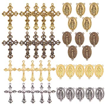 SUNNYCLUE 40PCS 4 Color Tibetan Style Rosary Cross and Center Miraculous Medal with Alloy Crucifix Cross Pendants and Oval Chandelier Links for Rosary Holy Beads Necklace Making