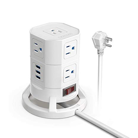 BESTEK Power Strip Tower,8-Outlet Surge Protector with 3 USB Charging Ports,2-Layer Detachable Design,6 Foot Extension Cord,White