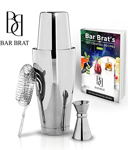4 Piece Boston Shaker Bar Set by Bar Brat ™ / Bonus 130  Cocktail Recipes (ebook) / Bonus Jigger / Mix Any Drink To Perfection