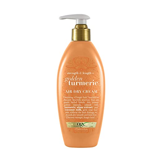 OGX Strength & Length   Golden Turmeric Anti-Frizz Air Dry Hair Cream with Coconut Milk to Nourish Hair, Leave-In Moisturizing Hair Treatment to Smooth Frizzy Hair, 6 oz