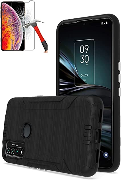 Wireless Accessories Phone Case Compatible with TCL 4X 5G (T601DL) / TCL 20-A 5G Case/Straight Talk TCL 4X-5G Screen Protector/Brush Shock Absorbing Dual-Layered (Combat Black  Tempered Glass)