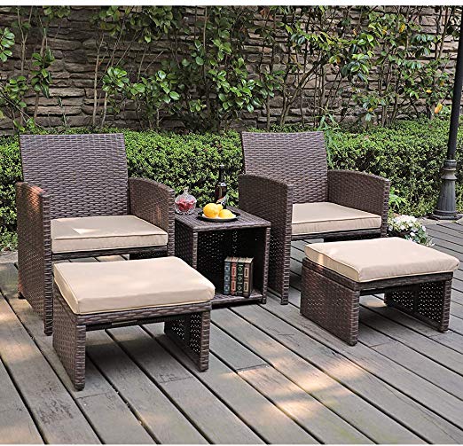 OC Orange-Casual 5 Pcs Patio Conversation Set Outdoor Furniture Set with Beige Cushions, Ottomans and Storage Table for Backyard, Garden, Porch (Brown)