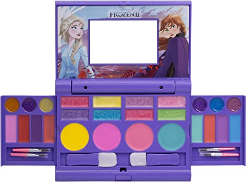 Disney Frozen Cosmetic Compact Set w/ Mirror 22 lip glosses, 4 Body Shines, 6 Brushes Colorful Portable Foldable Make Up Beauty Kit For Girls - Elsa & Anna Signature Beauty Collection