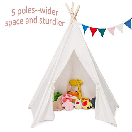 JOYMOR Upgraded Foldable 100% Cotton Canvas 6' Indoor Teepee Tent Indian Playhouse For Kids Play With Banner,Carry Bag,Window,Pocket (White With 5 Poles)