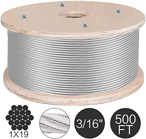 BestEquip 316 Stainless Steel Cable 500FT Stainless Steel Wire Rope 3/16 Inch 1x19 Steel Cable for Railing Decking DIY Balustrade (500FT)