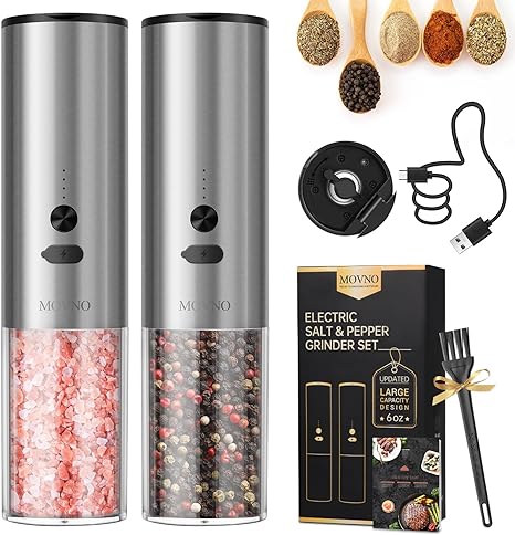 MOVNO Electric Salt and Pepper Grinder Set USB Rechargeable with Adjustable Coarseness & LED Light, Automatic Electric Salt and Pepper Shakers Set, Refillable Pepper Mill Grinder