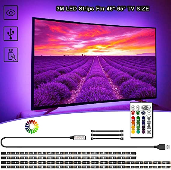 TV LED Backlight 9.8ft(3M) Led Strip Lights RGB 5050 Colour Changing with 24-Keys Remote Control for 46-65 inch TV Screen PC Mirror Decoration [Energy Class A  ]