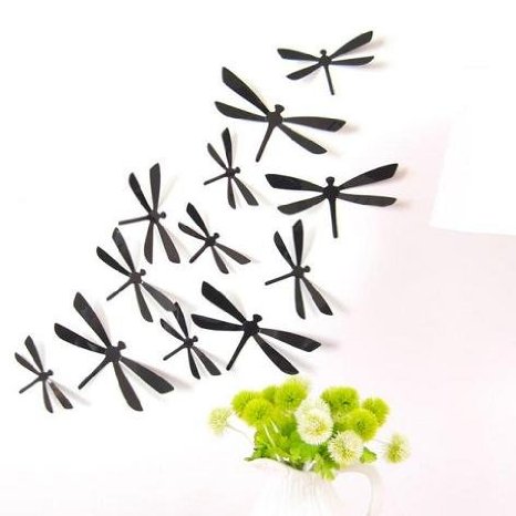 Cocoinn 12pcs 3D DIY Decor Dragonfly Home Party Wall Stickers PVC Art Decal (Black)