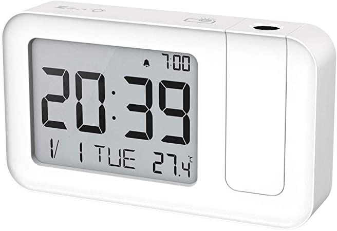 MoKo Projection Alarm Clock, Multiple Functional Smart Alarm Clock with Time Projection, Snooze, Calendar, 12/24H and ℃/℉ Switch Function, Adjustable Alarm Volume, Powered by USB or Battery - White