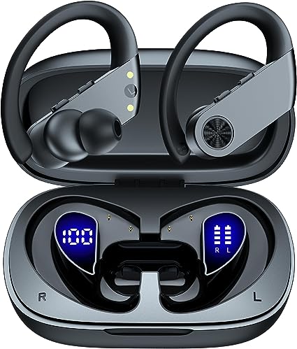 Bluetooth Headphones Wireless Earbuds 110H Playtime with 2200mAh Charging Case Dual Power Display Ear Buds Waterproof Over Ear Earphones with Earhooks for Sport Workout Laptop TV Computer Phone Black