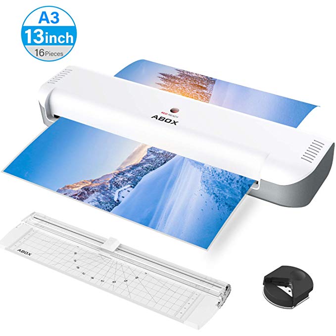 ABOX 13‘’ Thermal Laminator for A3/A4/A5/A7, 2019 Updated Laminating Machine with Portable Cutter&Corner Rounder&16 Pouches, Two-Roller System, High Speed, No Bubbles, Low Noise, for Home/Business