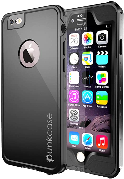 PunkCase Waterproof Case W/Built in Screen Protector [StudStar Seriies] Thin, Protective & QI Wireless Charging IP68 Certified Cover Compatible with Apple iPhone 6/6s [Black}