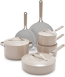 GreenLife Dream 10-Piece Ceramic Nonstick Cookware Set, PFOA-Free, PFAS-Free, Pots and Pans with Lids, Dishwasher & Oven Safe, Stay-Cool Handles, Healthy Cooking Essentials, Taupe