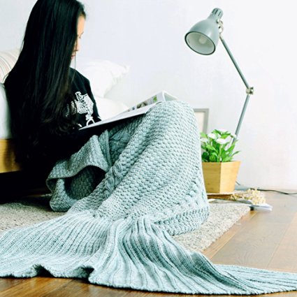 Mermaid Tail Blanket By OKAYSHOP, Crochet All Seasons Warm and Soft, Living Room Sofa Quilt Sleeping Bag, For Adult 180cmX70cm (71"x28" ) (Light Blue)