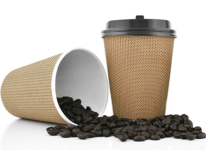OzBSP Premium Disposable Coffee Cups with Lids 12 oz - 100 Pack | Stylish Ripple Wall Design Double Wall Insulated To Go Paper Coffee Cups | No Sleeve Required | 12oz Hot Cups Reusable Coffe Cup & Lid