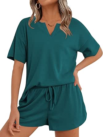 Ekouaer Waffle Knit Lounge Sets for Women 2 Piece Outfits Short Sleeve Top and Shorts Pajama Sets Tracksuit Sweatsuits