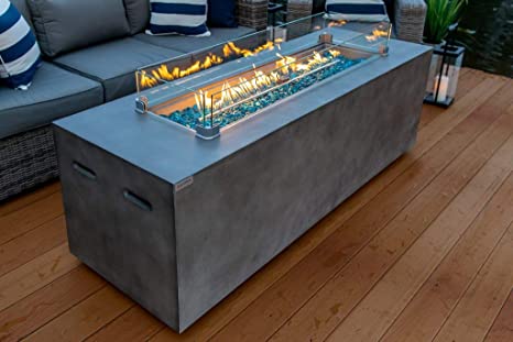 AKOYA Outdoor Essentials 70" Linear Rectangular Modern Concrete Fire Pit Table w/Glass Guard and Crystals in Gray (Cobalt Blue)