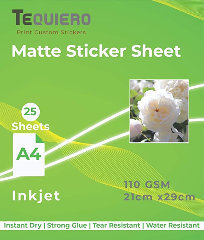 TeQuiero Inkjet Matte Photo Sticker Sheet Vinyl Paper A4 Size Self Adhesive Photo Paper (Inkjet) - 25 Sheets