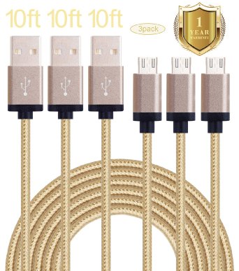 Mscrosmi 3 Pack Premium Tangle-Free Braided Flexible Micro USB Cables [10ft] Fastest Charging Durable USB for Android, Samsung, HTC, Motorola, Nokia, Blackberry and More-(Gold)