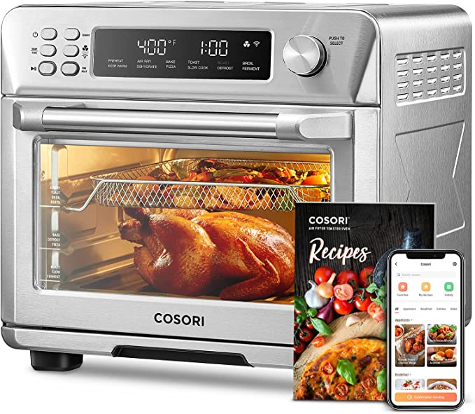 COSORI Air Fryer Toaster Oven Combo, 12-in-1 Convection Ovens Countertop, Stainless Steel, Smart, 6-Slice Toast, 12-inch Pizza, with Bake, Roast, Broil, 75 Recipes&Accessories Tray, Basket, 26.4QT