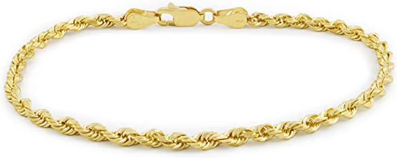 Nuragold 14k Yellow Gold 3mm Rope Chain Diamond Cut Bracelet or Anklet, Womens Mens Lobster Lock 7" 7.5" 8" 8.5" 9"