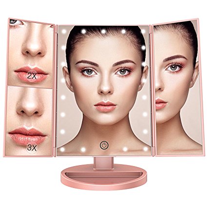 BESTOPE Makeup Vanity Mirror with 3x/2x Magnification,Trifold Mirror with 21 Led Lights,Touch Screen, 180° Adjustable Rotation,Dual Power Supply, Countertop Cosmetic Mirror