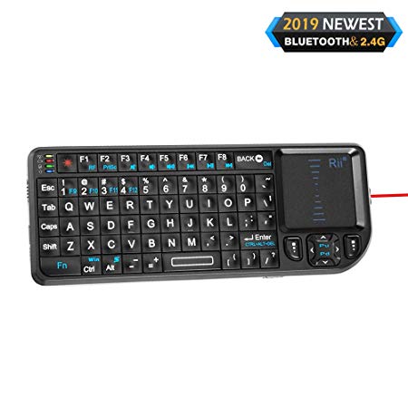 Rii Mini Wireless Keyboard with Touchpad＆QWERTY Keyboard,Support Bluetooth ＆2.4G Connection,Built-in Laser Pointer, Backlit Portable Keyboard Wireless with Remote Control, X1-BT Black.