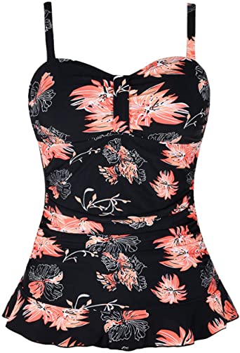 Hilor Women's 50's Retro Ruched Tankini Swimsuit Top with Ruffle Hem