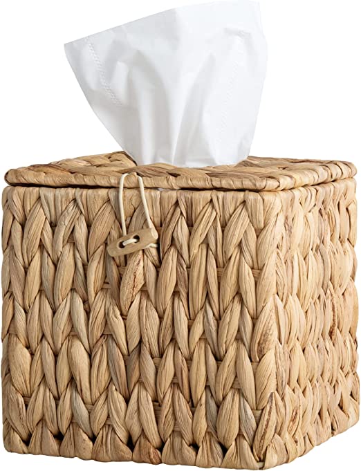 StorageWorks Water Hyacinth Tissue Box Cover, Square Tissue Box Holder with Lid, Handwoven Facial Tissue Holder, 1 Pack, 6 ¼"L x 6 ¼"W x 7" H