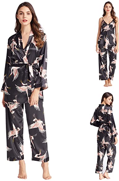 Belle Heure Women’s Silky Satin Pajamas Set 3Pcs Floral Cami with Robe and Pants Nightwear with Belt