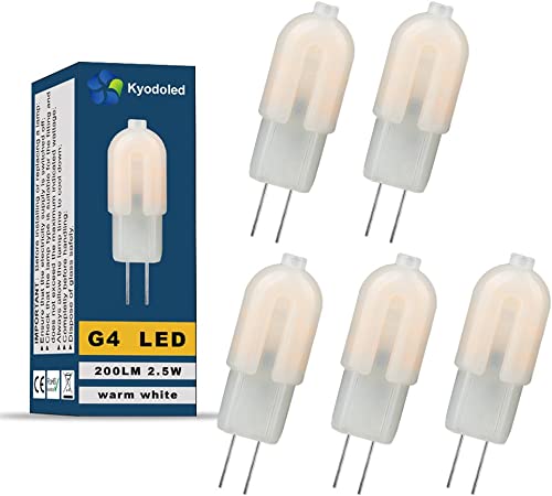 Kyodoled 2.5W G4 LED Light Bulb, 20W Incandescent Bulb Equivalent, 200 Lumens, Warm White 3000K, 270° Wide Beam Angle, 12V, energy-saving LED Lighting bulb, Non-Dimmable, Pack of 5 Units