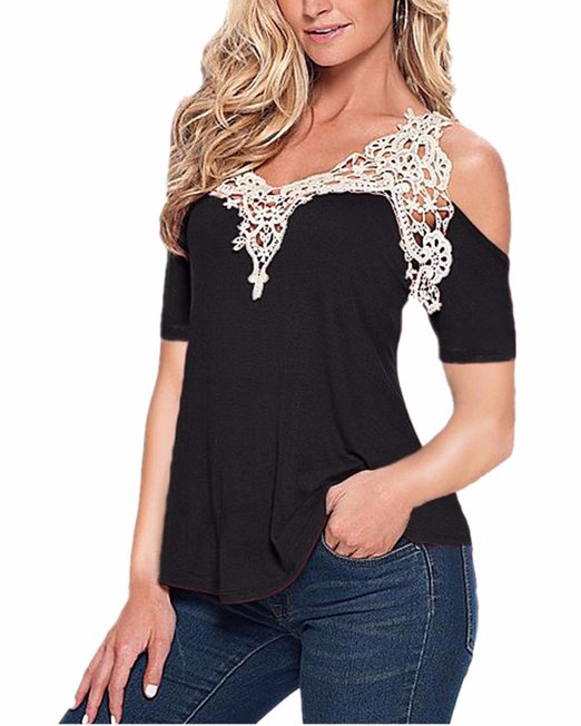 ZANZEA Women's Off Shoulder Lace Crochet Hollow Short Sleeve Casual Blouse Tops