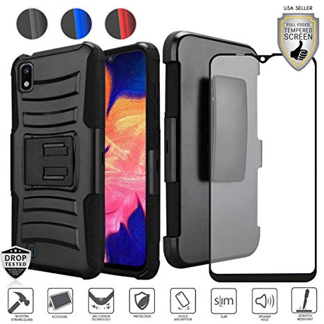Compatible for Samsung Galaxy a10e A10E Holster Phone Case (e Version only), with [Tempered Glass Screen Protector], Holster Ultra Tough Hybrid [Shockproof] [Clip] (Holster Black/Black)