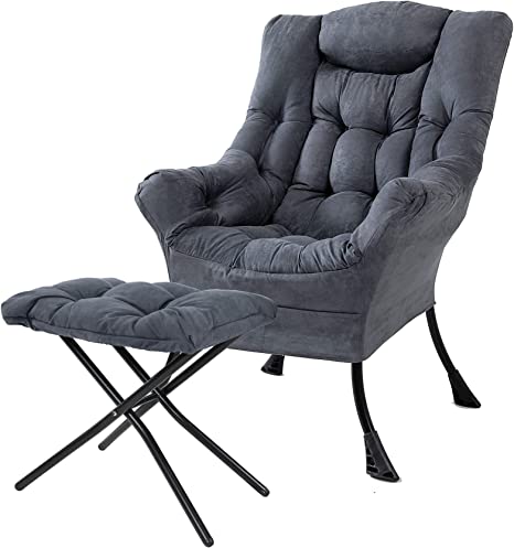 Explore Land Living Room Single High Back Lazy Chair Modern Upholstered Accent Chair (Dark Grey with Footrest)