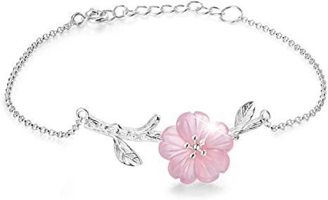 Lotus Fun 925 Sterling Silver Bracelet Simulated Crystal Flower in the Rain Adjustable Cute Flower Bracelets with Chain length 6.5''-7.6'', Handmade Unique Jewelry Gift for Women and Girls