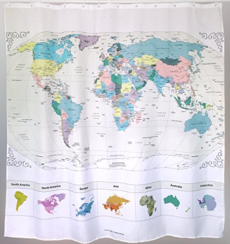 World Map Shower Curtain with Inspiring Quote. Detailed Major Cities. PVC Free, Non-toxic and Odorless Waterproof Fabric. 71'x71' Large Home Décor Topographic Map.