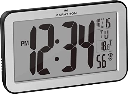 Marathon Commercial Grade Panoramic Autoset Atomic Digital Wall Clock with Table or Desk Stand, Date, and Temperature, 8 Time Zone, Auto DST, Self Setting, Self Adjusting, Batteries Included (Silver)