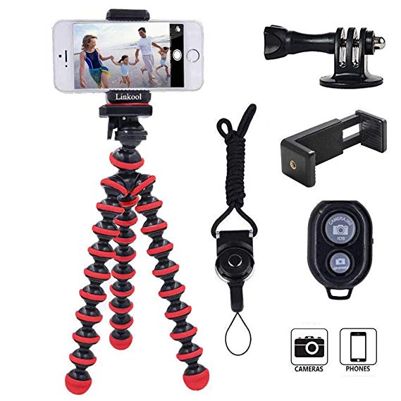 Phone Tripod, Linkcool Octopus Flexible Tripod with Wireless Remote Phone Holder Mount Use as iPhone Tripod, Cell Phone Tripod, Camera Tripod, Travel Tripod,Tabletop Tripod for iPhone Gopro