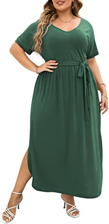 Nemidor Womens Casual Plus Size Tie Waist Slit Long Maxi Dress with Pockets NEM313