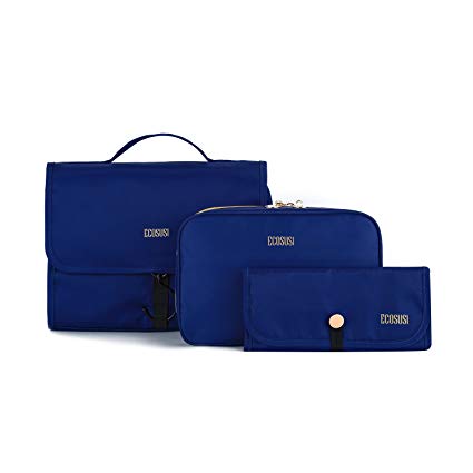 ECOSUSI Travel Makeup Bag Hanging Toiletry Bag 3-in-1 Foldable Cosmetic Carryon Case, Dark Blue