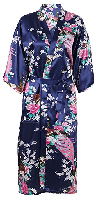 Women's Sakura Blossom Peacock Print Silky Satin Kimono Robes w/ Pockets